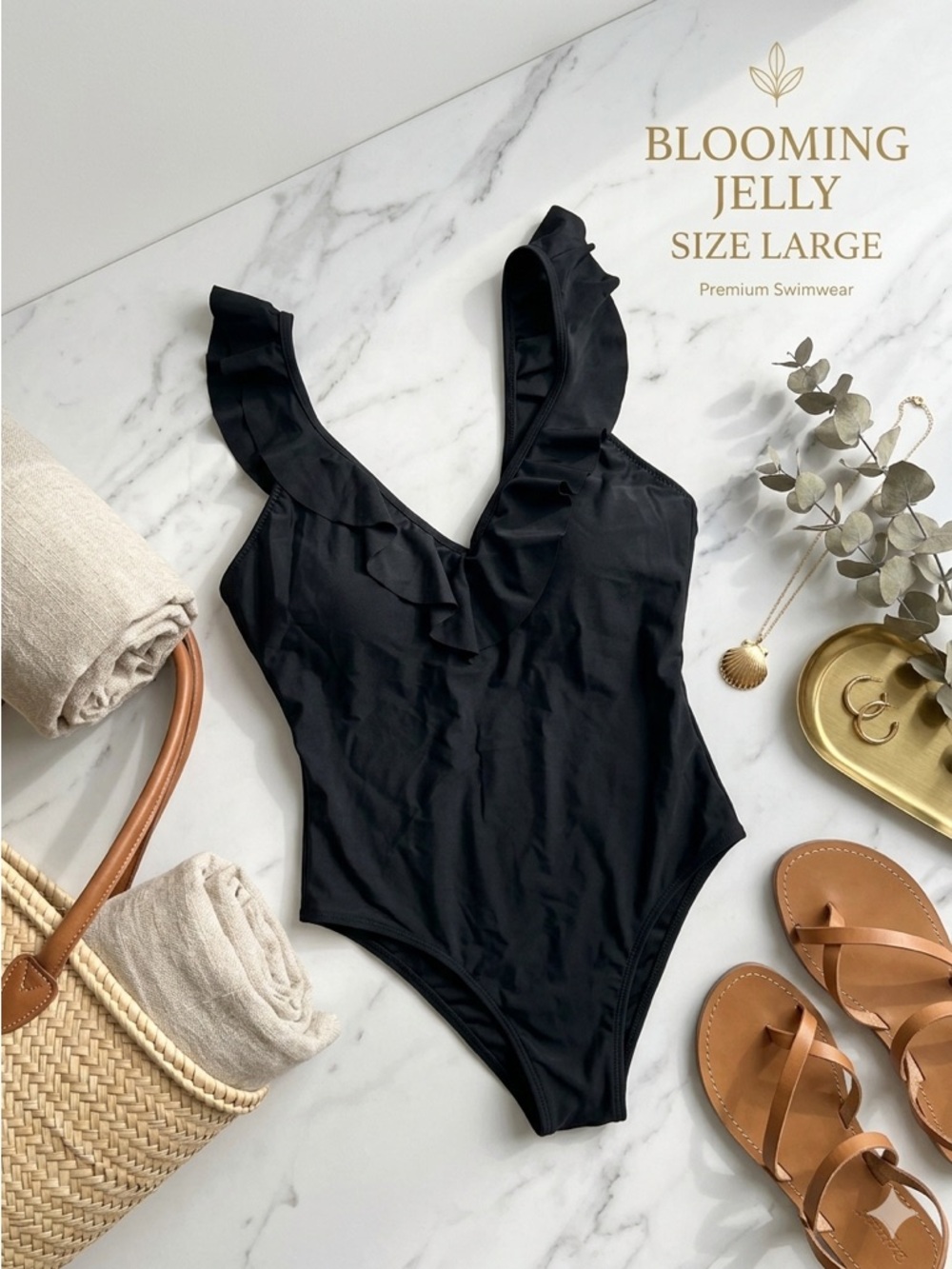 BLOOMING JELLY Women’s One-Piece Swimsuit Black Plunge Neck Ruffles High Cut L
